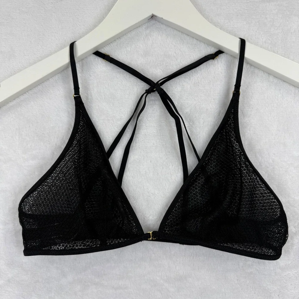 Victoria's‎ Secret Black Sheer Mesh Strappy Bralette Front Clasp 364109 Small
